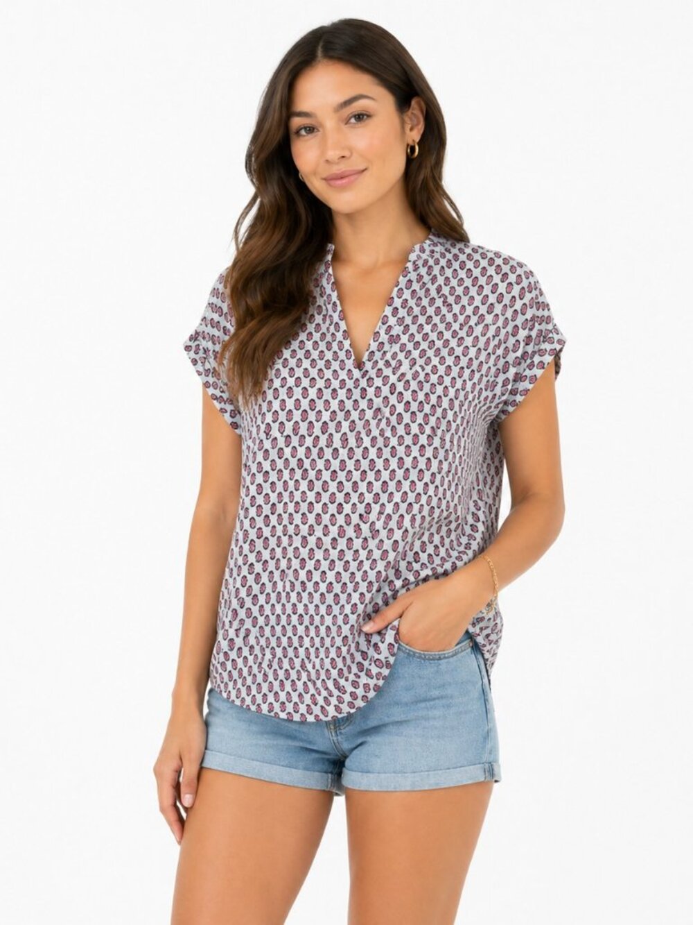 Pleione Womens Blouse Size Small White Pink V-Neck Short Sleeve Chiffon Top